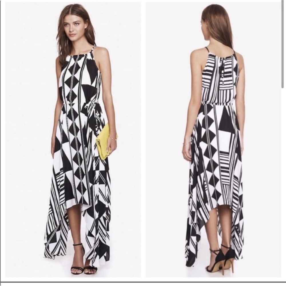 Black and White Geo Print Handkerchief Hem Maxi Dress Express Size Medium